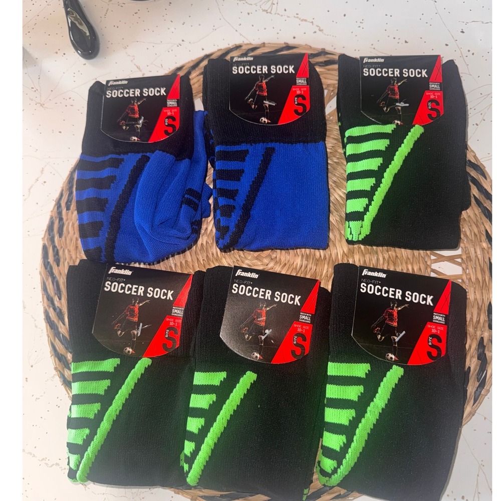 Franklin Neo-Fit Soccer Socks 6 Pair Bundle  Blue Neon Green Size Small 10-1